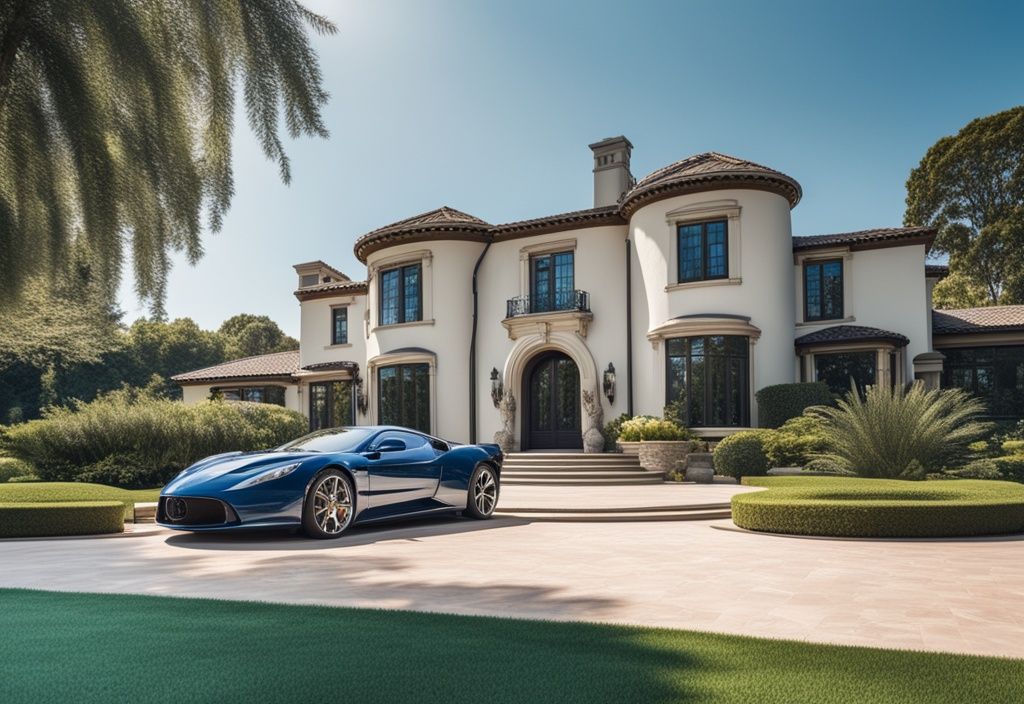 Luxuriöse Villa mit großem Swimmingpool, Sportwagen in der Einfahrt und Privatjet am Himmel, symbolisiert enormen Reichtum und Erfolg, Gil Ofarim Vermögen.