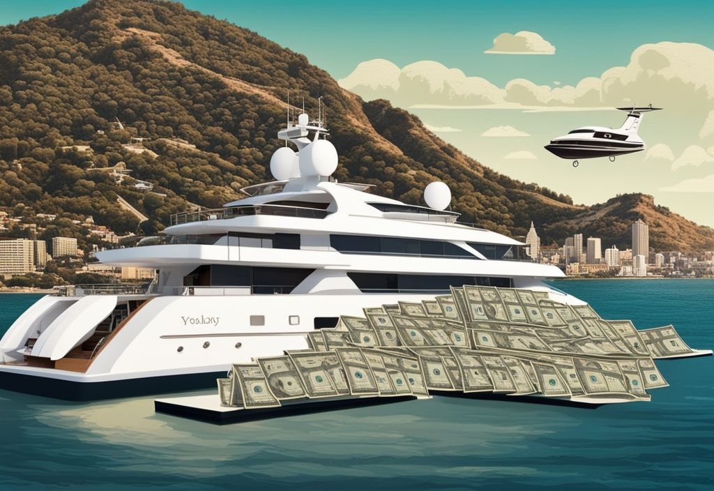 Luxusyacht segelt auf einem Ozean aus Dollarnoten mit Hollywood-Schild im Hintergrund.