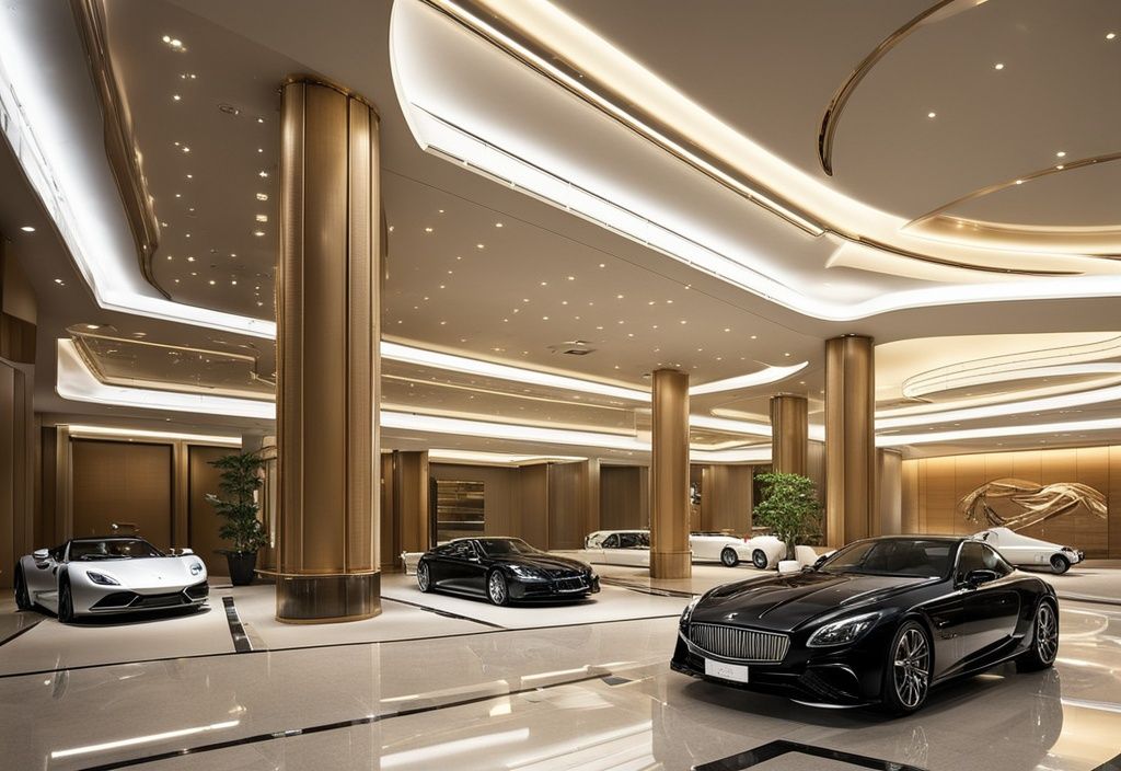 Luxushotel in Tokio mit prächtiger Fassade, umgeben von Luxusautos und Privatjets, symbolisiert enormen Reichtum und Wohlstand.