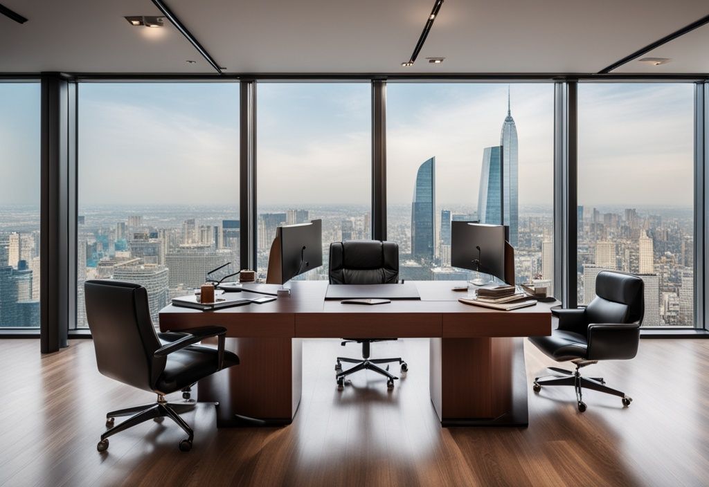 Luxuriöses Büro mit großem Schreibtisch, hochwertigen Gadgets, Ledersesseln, großem Fenster mit Stadtblick und einer Wand voller Zertifikate und Auszeichnungen.