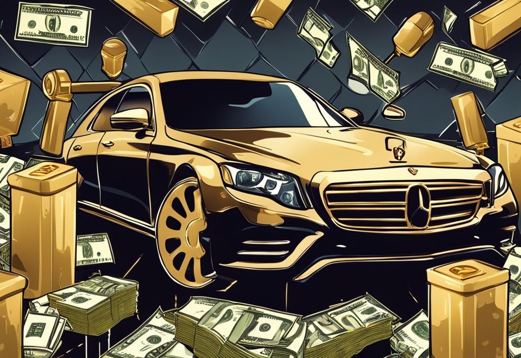 Luxuriöser Hip-Hop-Lifestyle mit Luxusauto, Goldketten, Geldstapeln und Mikrofon, inspiriert von Capital Bra Vermögen.