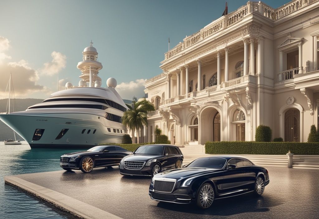 Luxuriöser Königspalast mit großem Eingang, teuren Autos, einem Privatjet am Himmel und einer Yacht im Hafen, symbolisiert Prinz Marcus Vermögen und Wohlstand.