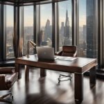 Luxuriöses Büro mit großem Schreibtisch, hochwertigem Laptop, teurem Stift, Ledersessel und Blick auf die Skyline der Stadt, symbolisch für Christian Lindner Vermögen.