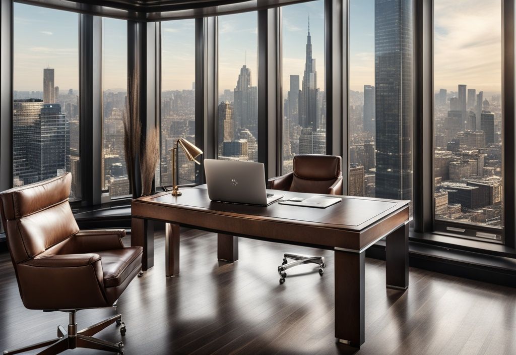 Luxuriöses Büro mit großem Schreibtisch, hochwertigem Laptop, teurem Stift, Ledersessel und Blick auf die Skyline der Stadt, symbolisch für Christian Lindner Vermögen.