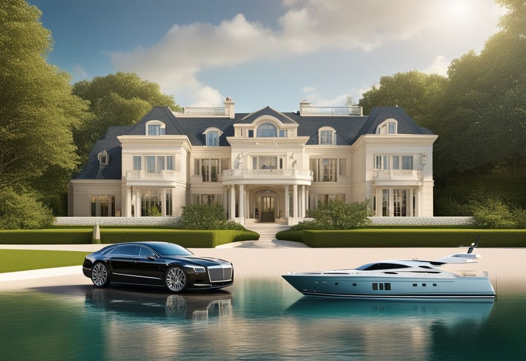 Luxuriöse Villa mit großem, gepflegtem Garten, Privatjet auf Landebahn und Yacht auf ruhigem Wasser, Symbol für Reichtum und Wohlstand.