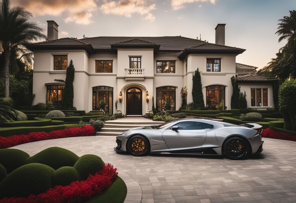 Luxuriöse Villa mit Sportwagen im Vorgarten, umgeben von gepflegtem Garten, symbolisiert Reichtum und Erfolg im Boxen, verbunden mit Mike Tyson Vermögen.