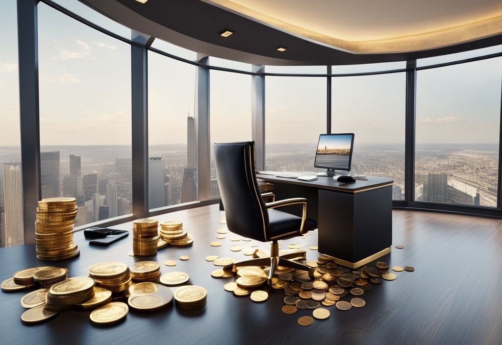 Luxuriöses Bürointerieur mit Panoramablick auf die Stadt, hochwertiger Schreibtisch mit Computer, Ledersessel, Goldmünzenstapel und Immobilienmodell zur Darstellung von Immobilieninvestitionen.