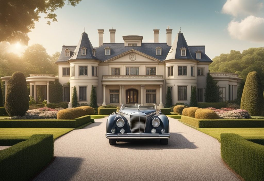 Luxuriöse Villa mit langer Auffahrt, einem Oldtimer im Vordergrund und einem prächtigen Garten im Hintergrund, Symbol für Reichtum und Wohlstand.