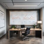 Luxuriöses Büro mit großem Schreibtisch, High-End-Computer und Diagrammen zum finanziellen Wachstum an der Wand, symbolisierend für Philip Hopf Vermögen.