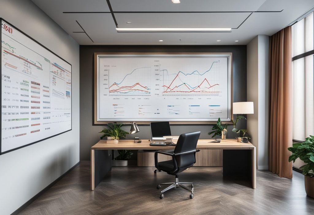 Luxuriöses Büro mit großem Schreibtisch, High-End-Computer und Diagrammen zum finanziellen Wachstum an der Wand, symbolisierend für Philip Hopf Vermögen.