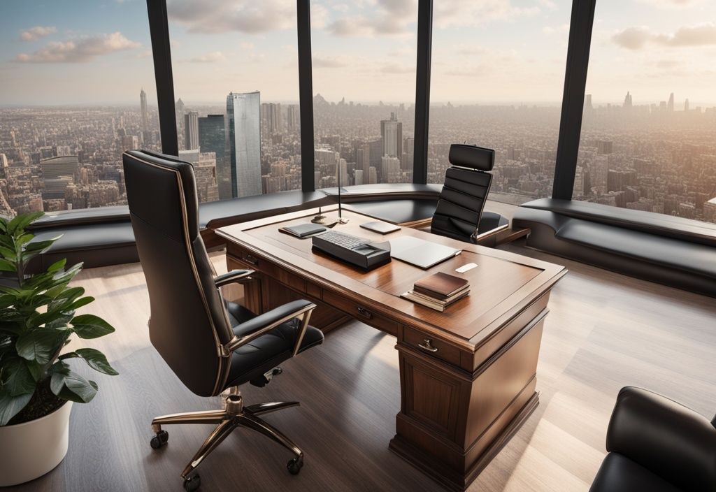 Luxuriöses Bürointerieur mit großem Holztisch, hochwertigem Ledersessel, Laptop und Panoramafensterblick auf eine pulsierende Stadtsilhouette.