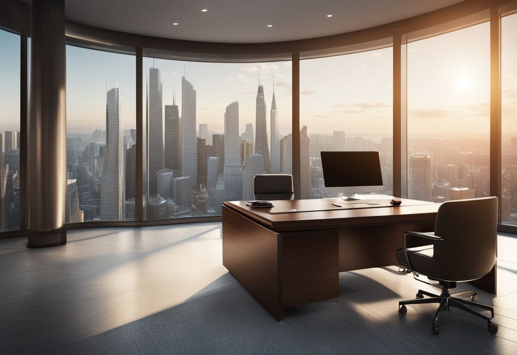 Luxuriöses Büro mit großem Schreibtisch, High-End-Computer und Panoramablick auf Wolkenkratzer, symbolisiert Reichtum und Erfolg im Immobiliengeschäft, verbunden mit Rene Benko Vermögen.