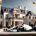 Luxuriöser Formel-1-Rennwagen vor einer prächtigen Villa, während ein Privatjet darüber fliegt, symbolisiert Michael Schumacher Vermögen.