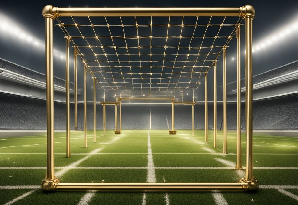 Luxuriöses Fußballfeld mit goldenen Torpfosten und einem mit Diamanten besetzten Fußball, inspiriert von Toni Kroos Vermögen.