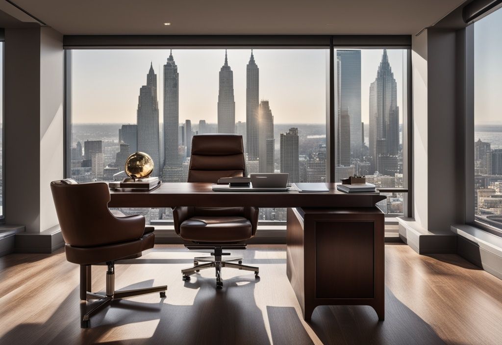 Luxuriöses Büro mit großem Schreibtisch, hochwertigem Laptop, teurem Stift, Ledersessel und Blick auf die Skyline der Stadt, symbolisch für Christian Lindner Vermögen.