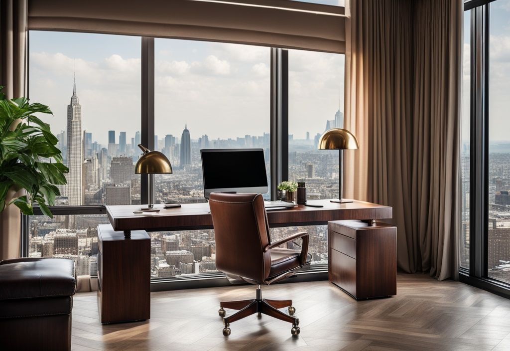 Luxuriöses Bürointerieur mit großem Holzschreibtisch, hochwertigem Ledersessel, Laptop und Panoramablick auf eine pulsierende Stadtlandschaft.