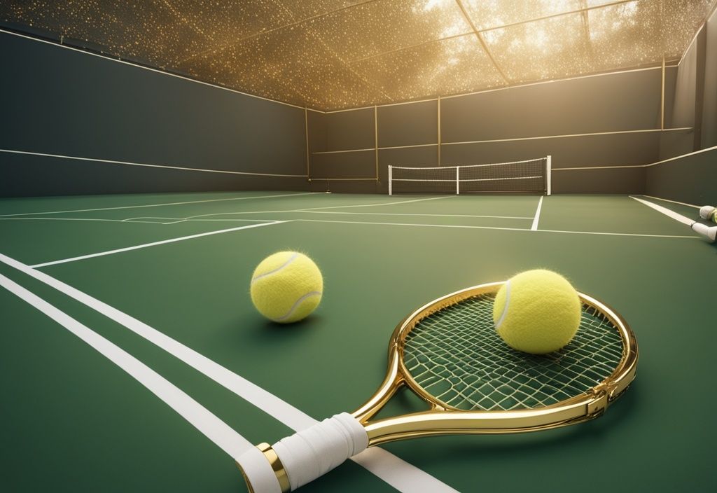 Luxuriöser Tennisplatz mit goldbeschichtetem Netz und hochwertigen Tennisausrüstungen, symbolisiert Reichtum und Tennis, im Zusammenhang mit Boris Becker Vermögen.