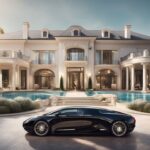 Luxuriöse Szene mit einer prächtigen Villa, einem Luxusauto, Designer-Accessoires und einem Haufen funkelnder Swarovski-Kristalle, die das immense Vermögen von Victoria Swarovski symbolisieren.