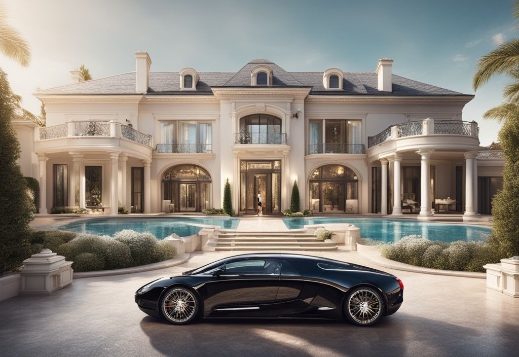 Luxuriöse Szene mit einer prächtigen Villa, einem Luxusauto, Designer-Accessoires und einem Haufen funkelnder Swarovski-Kristalle, die das immense Vermögen von Victoria Swarovski symbolisieren.