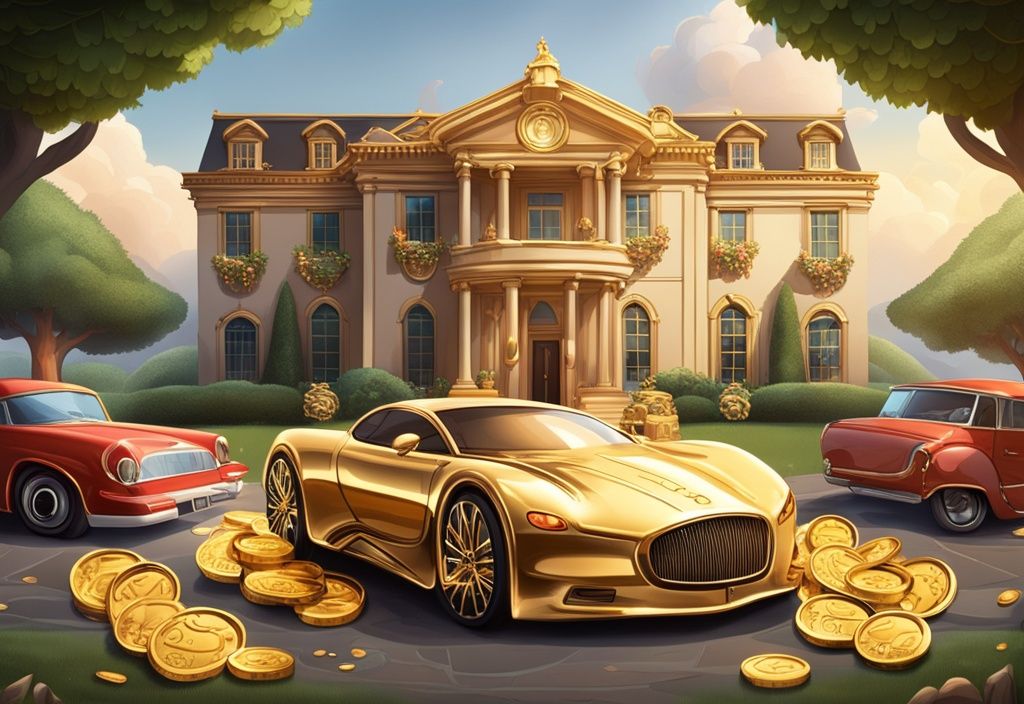 Luxuriöse Szene mit Symbolen des Reichtums: ein luxuriöses Auto, eine Villa, ein Privatjet und Stapel von Goldmünzen.