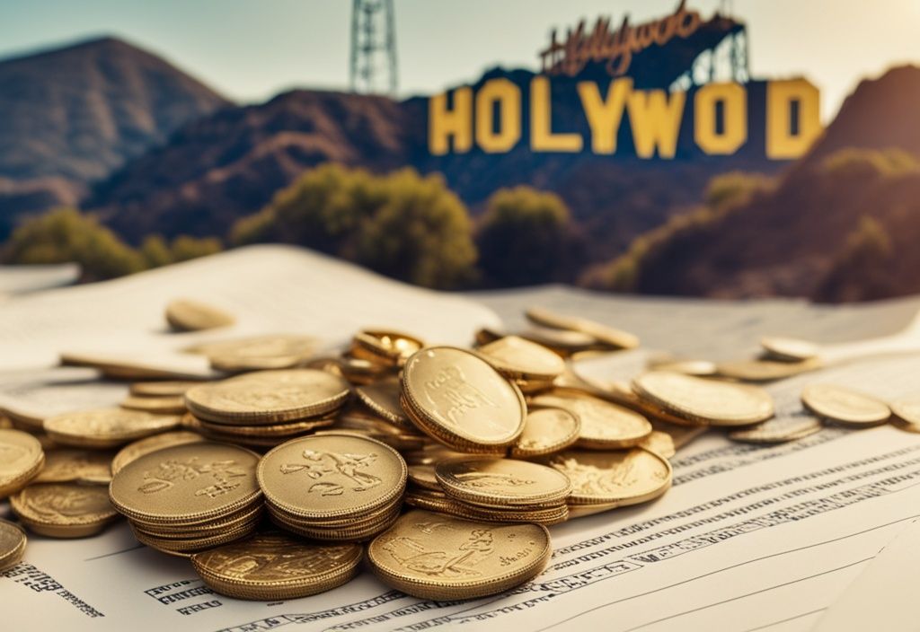 Ein Stapel Goldmünzen und teurer Schmuck auf einem Filmskript, mit dem Hollywood-Zeichen im Hintergrund.