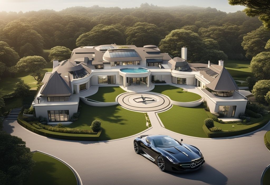 Luxuriöse Villa mit gepflegtem Garten, Helikopter auf dem Helipad und Luxusautos in der Garage, symbolisiert Bill Gates Vermögen.