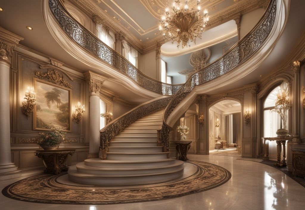 Luxuriöses Anwesen mit prächtigem Interieur, darunter eine große Treppe, teure Möbel und opulente Dekorationen, symbolisiert Menendez Brüder Vermögen.