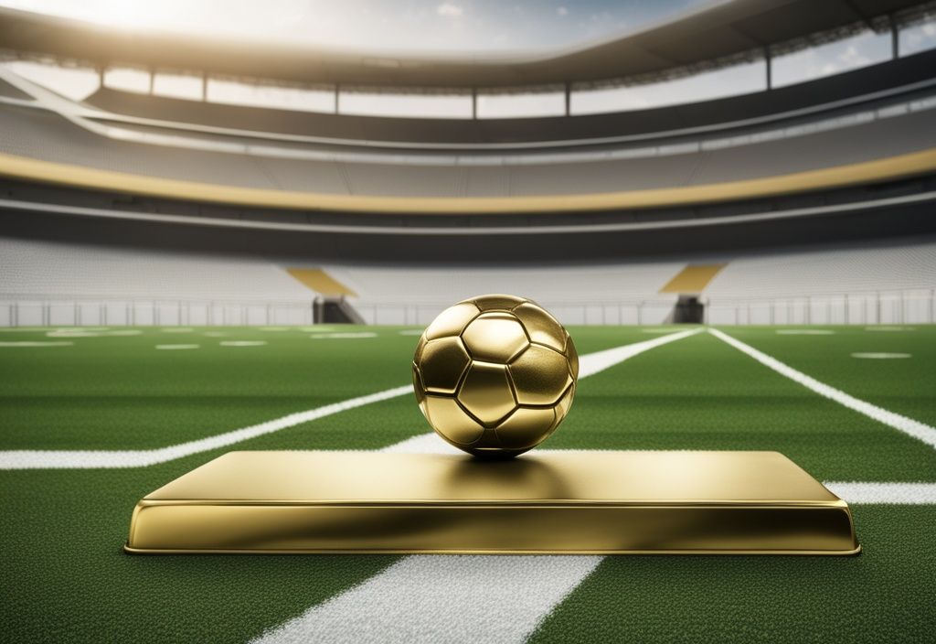 Luxuriöses Fußballfeld mit goldenen Torpfosten und einem diamantbesetzten Fußball.