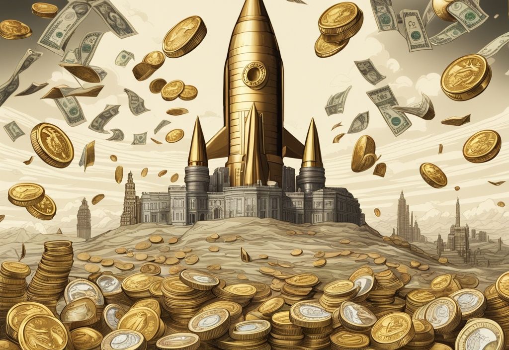 Weitläufige Landschaft aus Goldmünzen und Dollarnoten mit einer riesigen Rakete aus Geld in der Mitte, symbolisierend Jeff Bezos Vermögen.