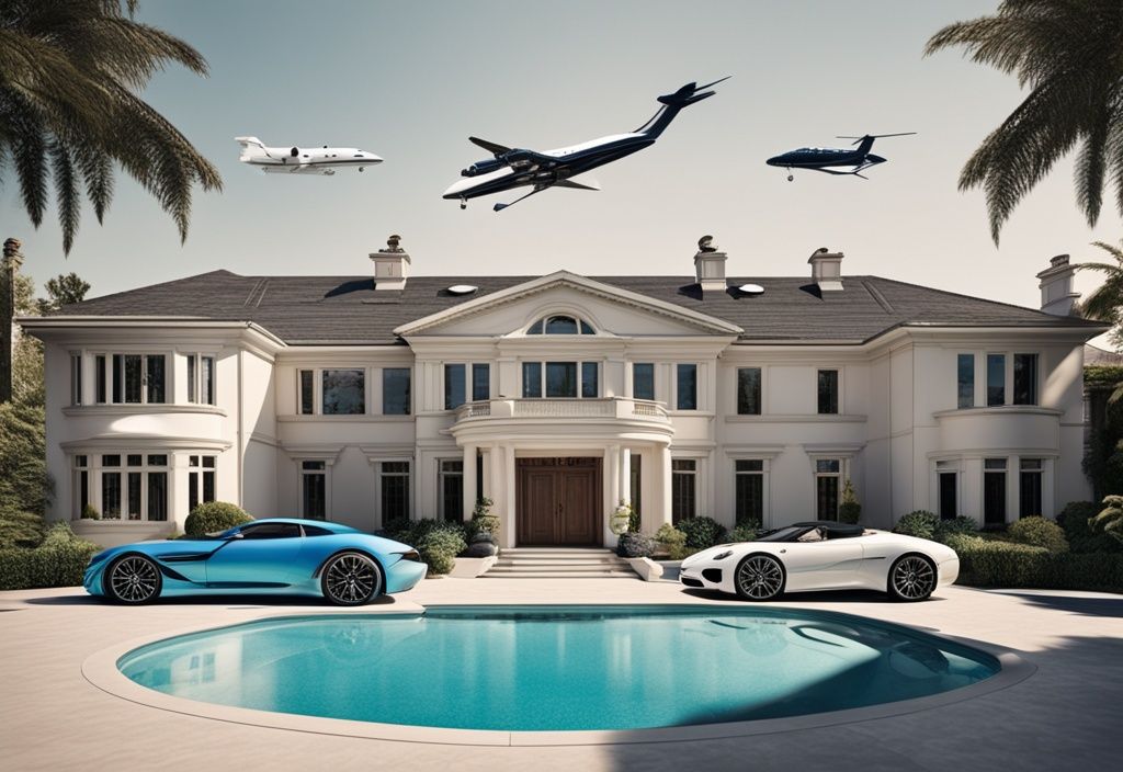 Luxuriöse Villa mit großem Swimmingpool, teuren Sportwagen in der Einfahrt und einem Privatjet am Himmel, Symbol für enormen Reichtum und Erfolg.