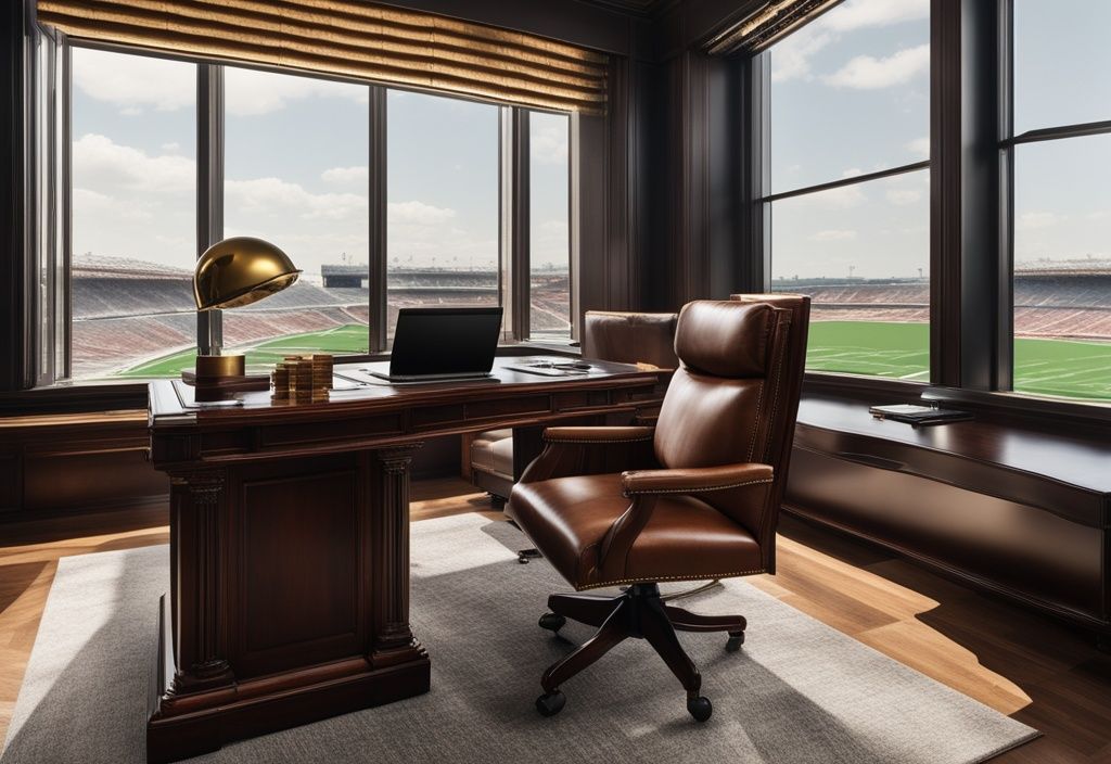 Luxuriöses Büro mit Mahagonischreibtisch, Ledersessel, Laptop, Goldmünzen und Fußball, mit Panoramablick auf ein Fußballstadion, symbolisierend Uli Hoeneß Vermögen.