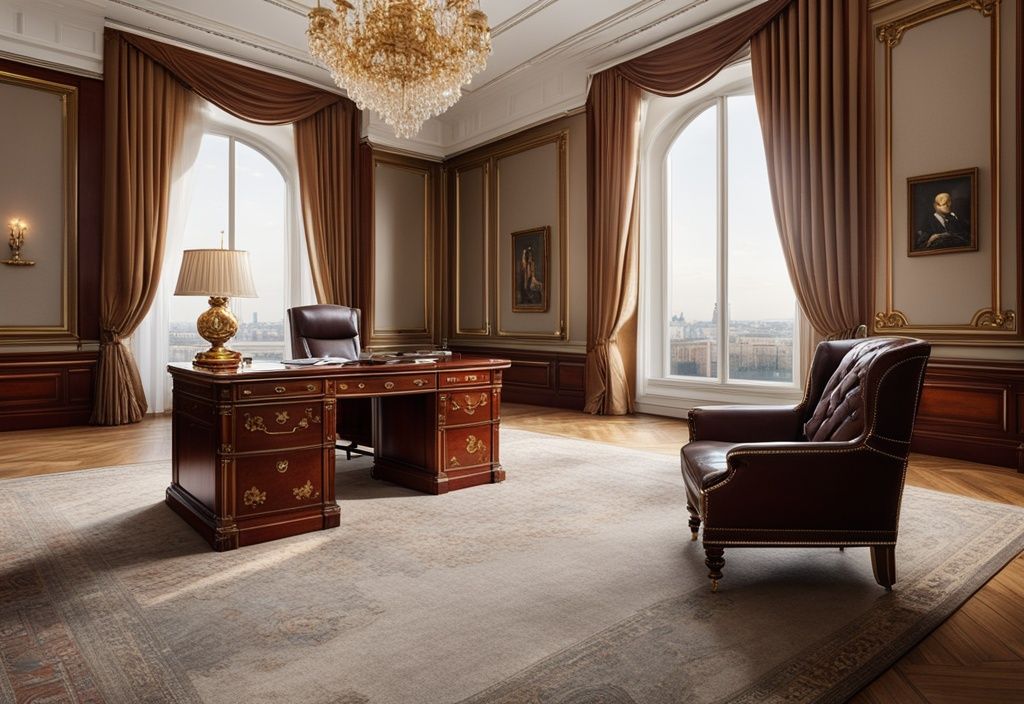 Luxuriöses russisches Büro mit Mahagoni-Schreibtisch, Ledersessel, goldenen Akzenten und Blick auf den Kreml, symbolisch für Wladimir Putin Vermögen.