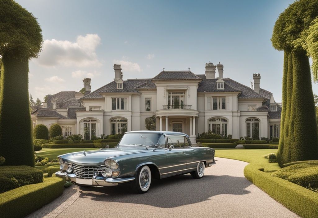 Luxuriöses Herrenhaus mit langer Auffahrt, einem Oldtimer im Vordergrund und einem prächtigen Garten im Hintergrund, Symbol für Reichtum und Wohlstand.