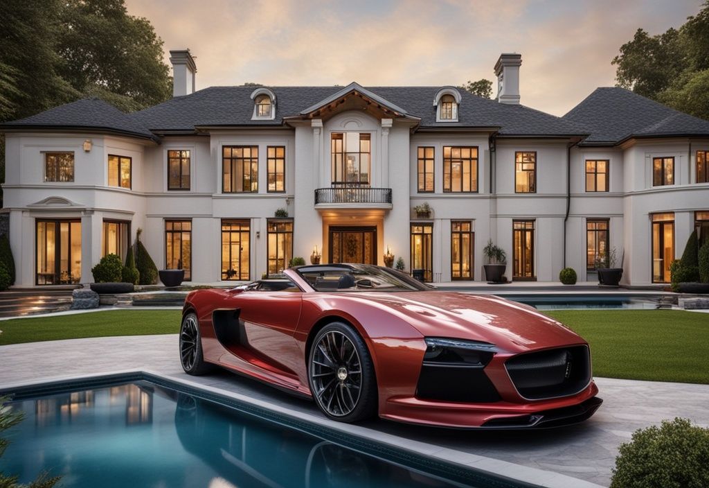 Luxuriöse Villa mit großem Swimmingpool, einem Sportwagen in der Einfahrt und einer malerischen Landschaft im Hintergrund, die Reichtum und Wohlstand symbolisiert, verbunden mit Sepp Maier Vermögen.