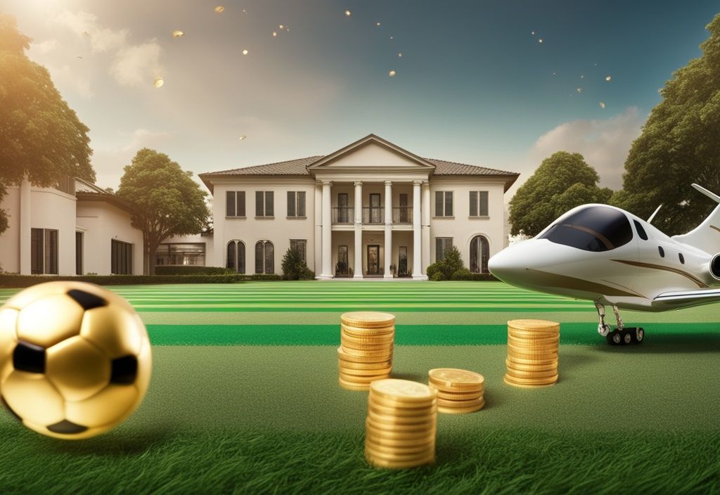 Luxuriöses Fußballfeld mit verstreuten Goldmünzen, einer luxuriösen Villa im Hintergrund und einem Privatjet am Himmel, symbolisiert Reichtum im Profifußball.