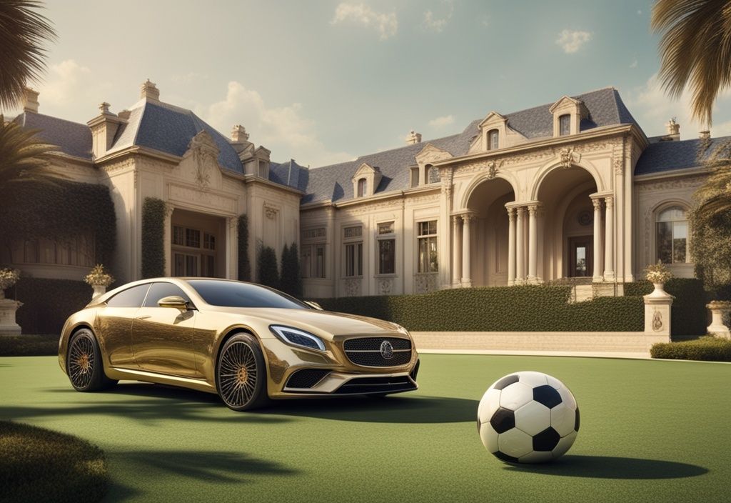 Luxuriöses Fußballfeld mit goldenen Torpfosten und diamantbesetztem Fußball, umgeben von prächtigen Villen und teuren Autos, symbolisiert Franz Beckenbauer Vermögen.