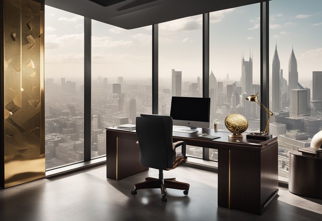 Luxuriöses Büro mit großem Schreibtisch, High-End-Computer und Ledersessel, auf dem Schreibtisch Goldmünzen, Papiergeld und eine hochwertige Armbanduhr, im Hintergrund ein großes Fenster mit atemberaubendem Blick auf die Skyline der Stadt.