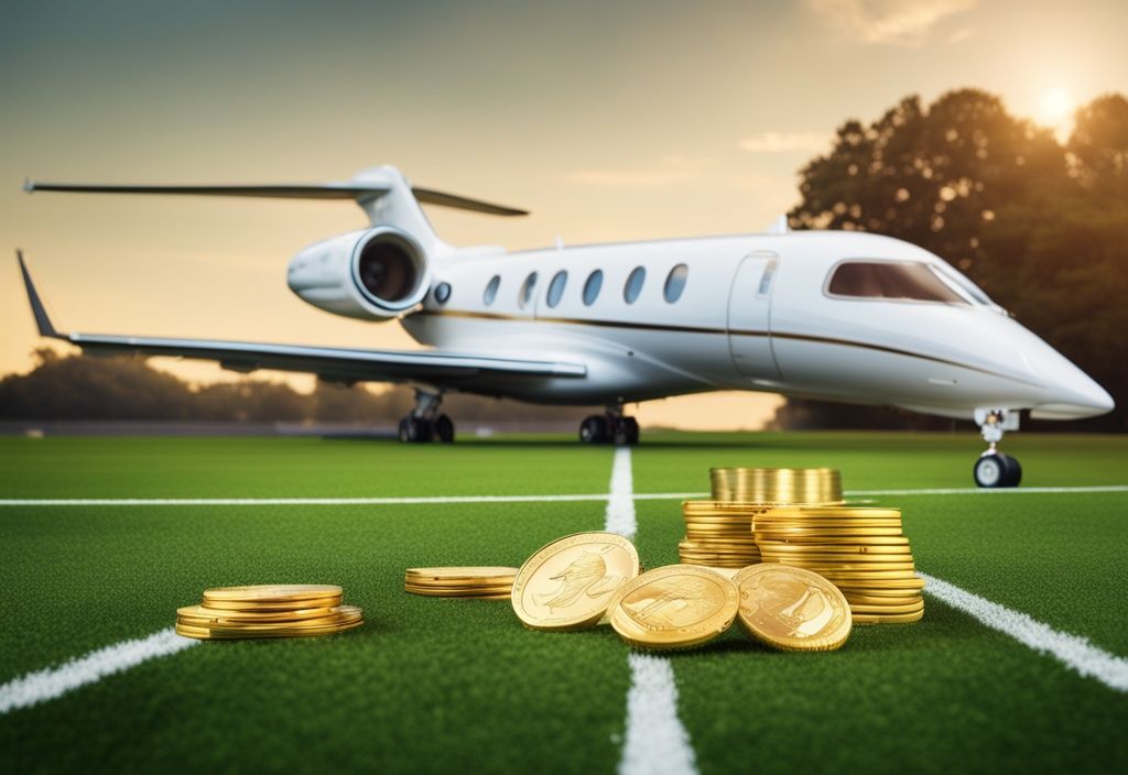 Luxuriöses Fußballfeld mit verstreuten Goldmünzen, einer Villa im Hintergrund und einem Privatjet am Himmel, symbolisiert Reichtum durch eine professionelle Fußballkarriere.