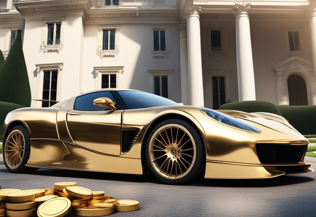 Luxusrennwagen vor einer prächtigen Villa mit einem Stapel goldener Münzen und Dollar-Scheinen