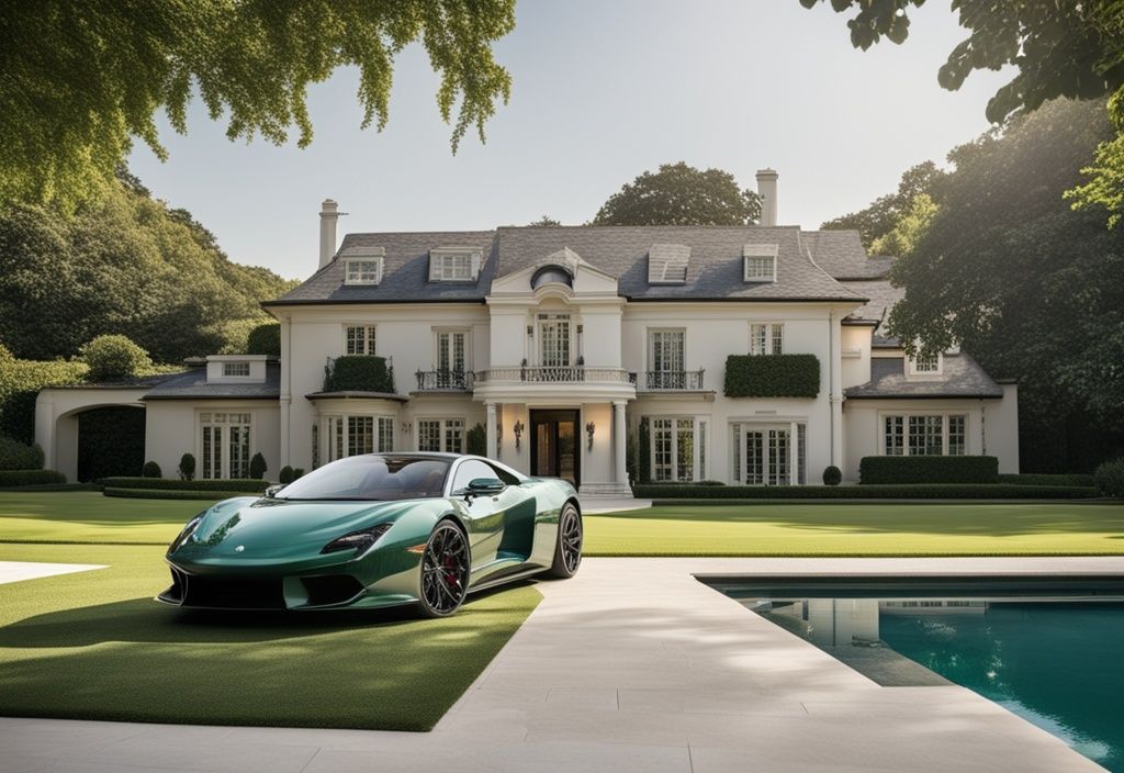 Luxuriöse Villa mit großem Swimmingpool, Sportwagen in der Einfahrt und grüner Landschaft im Hintergrund, symbolisiert Reichtum und Erfolg im Profifußball, Lothar Matthäus Vermögen.