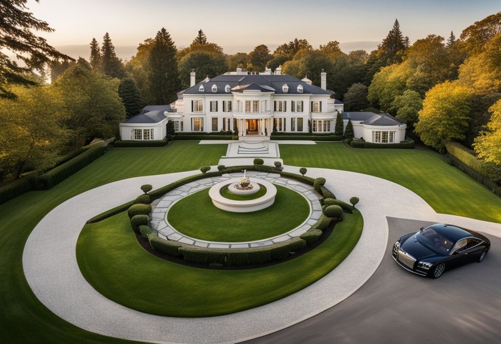 Luxuriöses Herrenhaus mit weitläufigem Rasen und einer Flotte von Luxusautos in der Einfahrt, symbolisiert enormen Reichtum und Wohlstand.