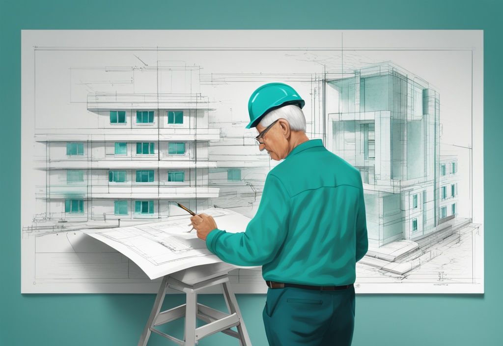 Moderne digitale Illustration eines selbstbewussten 50-jährigen Individuums, das einen Bauplan mit hervorgehobenen Assets studiert, Hauptfarbthema Teal.