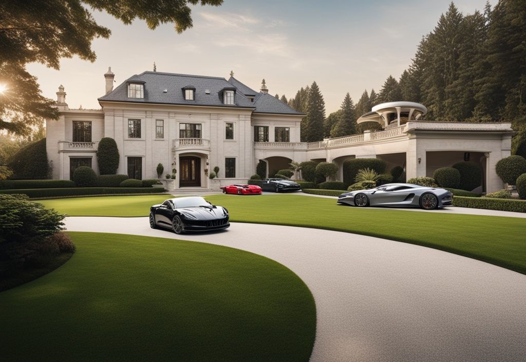 Luxuriöse Villa mit weitläufigem Rasen, Sportwagen in der Einfahrt und Privatjet am Himmel, symbolisiert Kim Kardashian Vermögen und Opulenz.