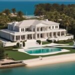 Luxuriöse Villa mit weitläufigem Rasen, Privatjet auf der Landebahn und Yacht am Privatstrand, symbolisiert das immense Vermögen von Beyoncé.