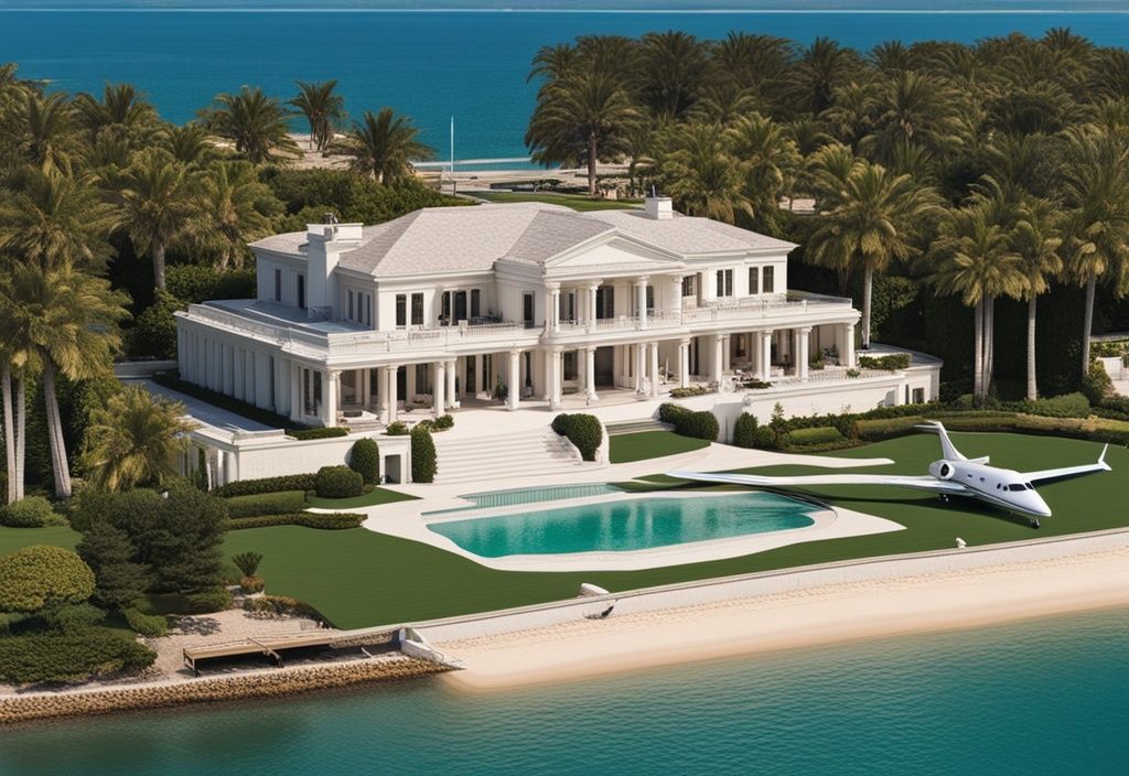 Luxuriöse Villa mit weitläufigem Rasen, Privatjet auf der Landebahn und Yacht am Privatstrand, symbolisiert das immense Vermögen von Beyoncé.