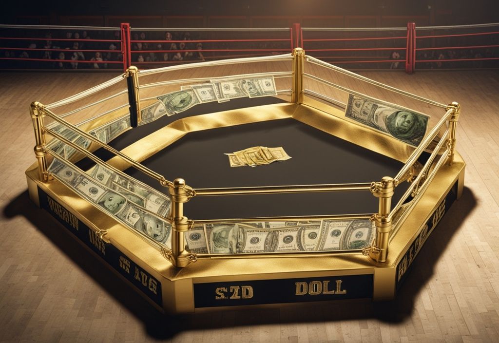 Wrestling-Ring aus Gold und Dollar-Scheinen, inspiriert von Hulk Hogan Vermögen.