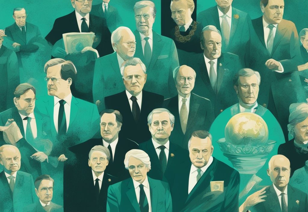 Moderne digitale Illustration in Teal-Tönen, die Silhouetten prominenter deutscher Politiker zeigt, gefüllt mit Symbolen des Reichtums wie Münzen, Juwelen und Papiergeld, um das geschätzte Vermögen von deutschen Politikern darzustellen.