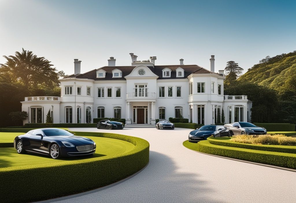 Luxuriöse Villa mit langer Auffahrt und teuren Autos, umgeben von üppigem Grün und blauem Himmel, Symbol für Reichtum und Wohlstand, Thomas Anders Vermögen.