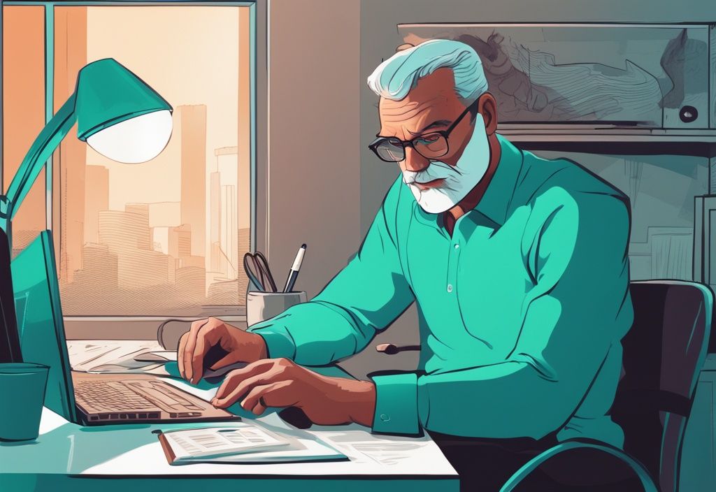 Moderner digitaler Gemälde-Illustration eines selbstbewussten 50-jährigen Mannes, der Vermögensaufbau mit 50 an seinem modernen Desktop-Setup zu Hause überprüft, mit Hauptfarbthema in Türkis.