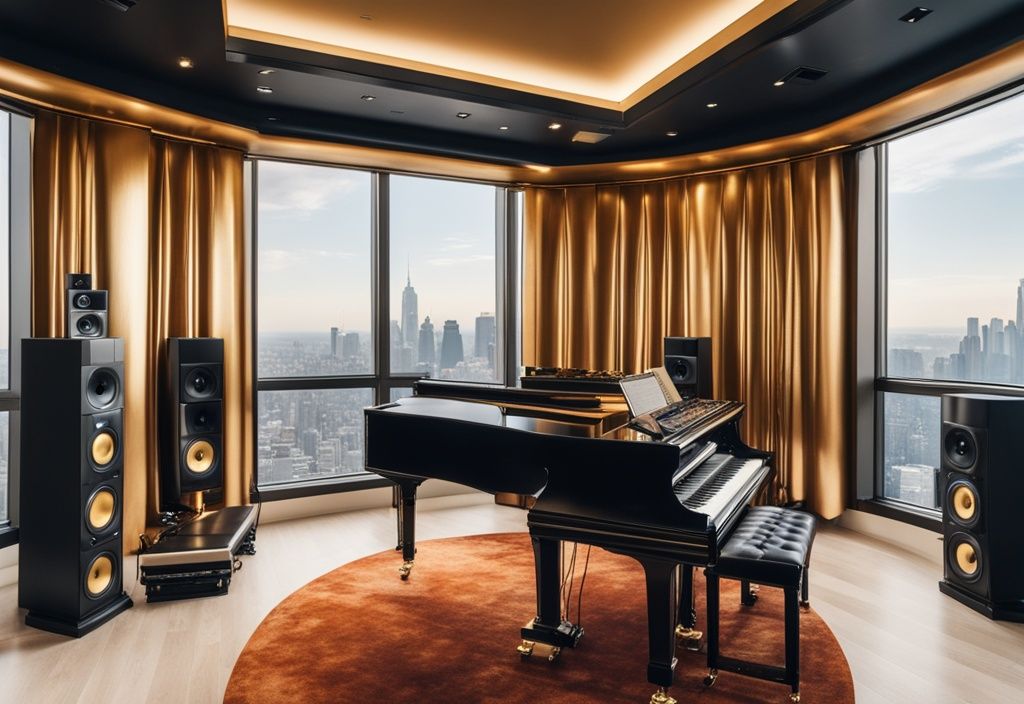 Luxuriöses Tonstudio mit hochwertiger Musikausrüstung, einer Goldenen Schallplatte an der Wand und einer Stadtsilhouette im Hintergrund; Eko Fresh Vermögen.